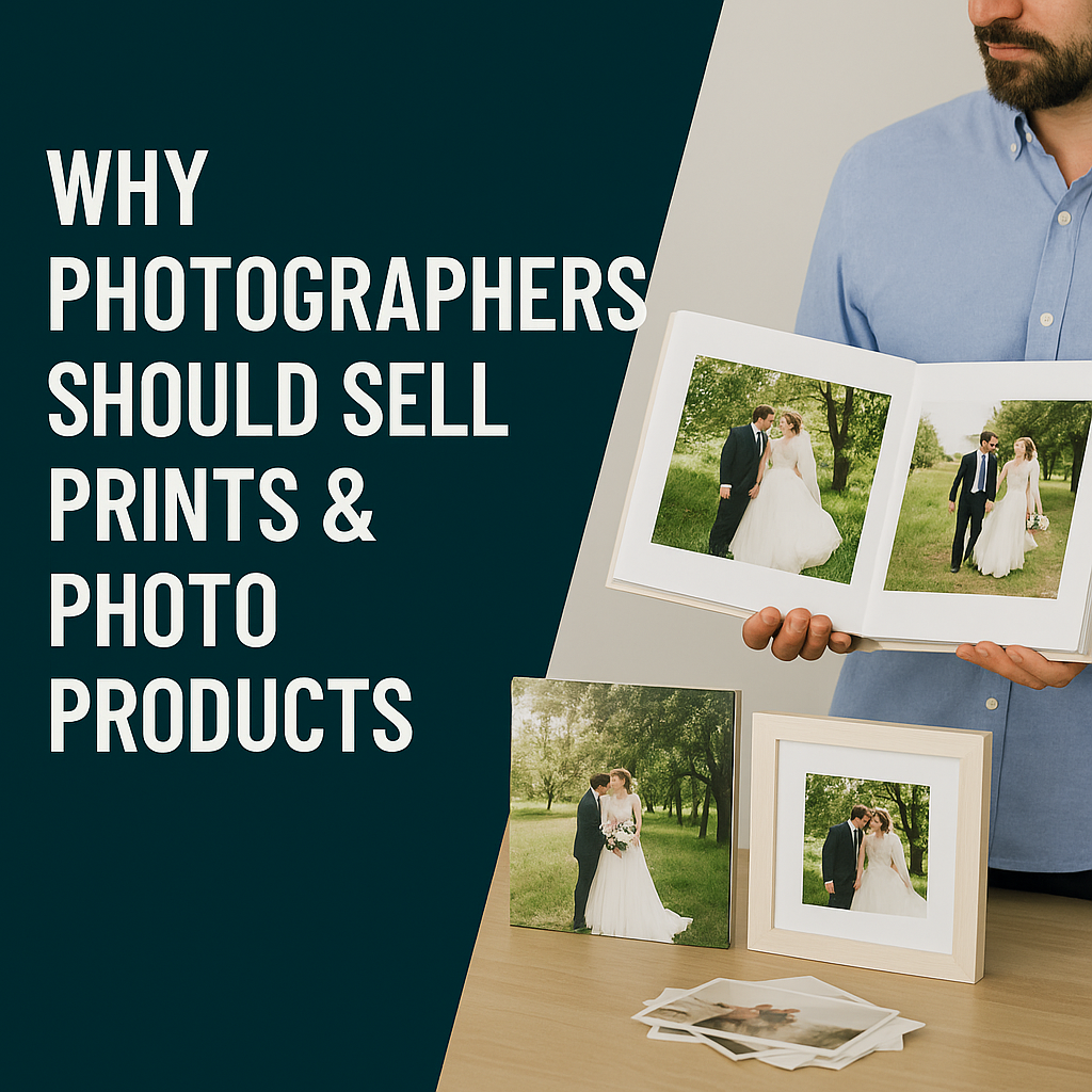 Professional photographer showcasing a wedding photo album and framed prints on a desk with the blog title “Why Photographers Should Sell Prints & Photo Products